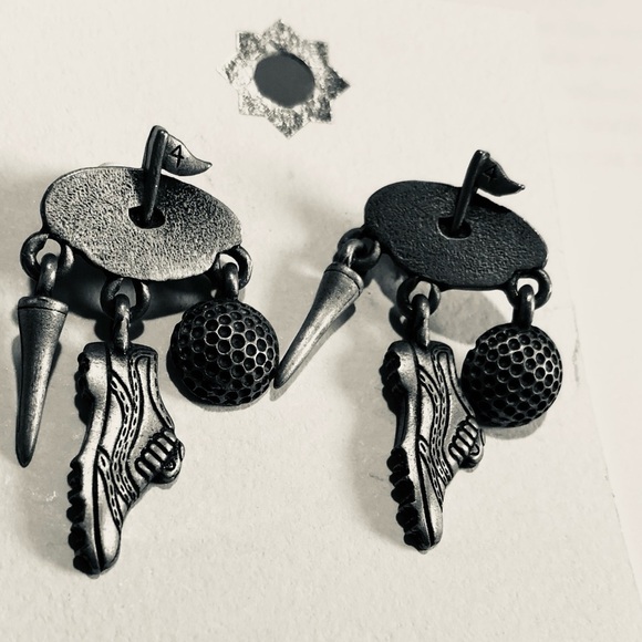 VTG JJ Jonette Pewter Golf Theme Dangle Charm Pin Ball Shoe Tee Earrings Stamped - Picture 7 of 7